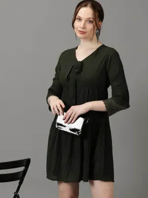 Women's Olive Solid Fit and Flare Dress